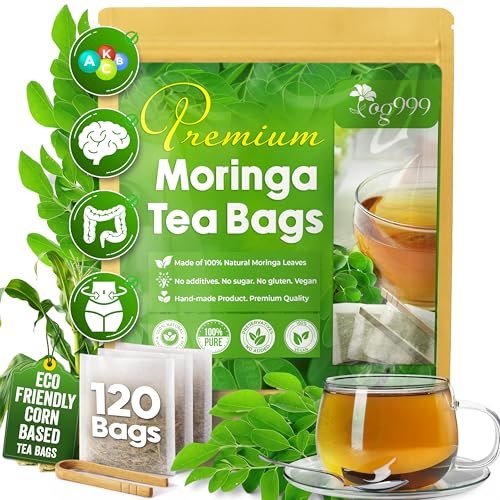 Image of TOG999, Premium 120 Moringa Leaf Tea Bags, 100% Natural & Pure. Loose Leaf Moringa Herbal Tea. No Sugar, No Caffeine, No Gluten, Vegan.