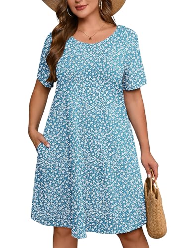 Image of AusLook Plus Size Midi Dress for Women Casual Summer Short Sleeve A Line Swing Dress with Pocket Round Neck Flowy Dress 1X-5X