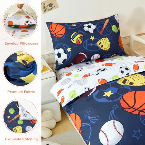 Image of PERFEMET Sports Toddler Bedding Set, 3D Soccer Baseball Football Basketball 4 Pieces Comforter Set with Sheets and Pillowcases, Ultra Soft Navy Blue Bed in A Bag Toddler Bed Set for Kids Boys Girls