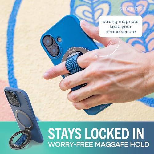 Image of Smartish MagSafe Phone Grip Kickstand - Quickstand - Magnetic Cell Phone Finger Loop - [Dual-Sided Magnets] Ring Holder Mount w /MagSafe Adapter Kit for Apple iPhone Accessories - Blues on the Green