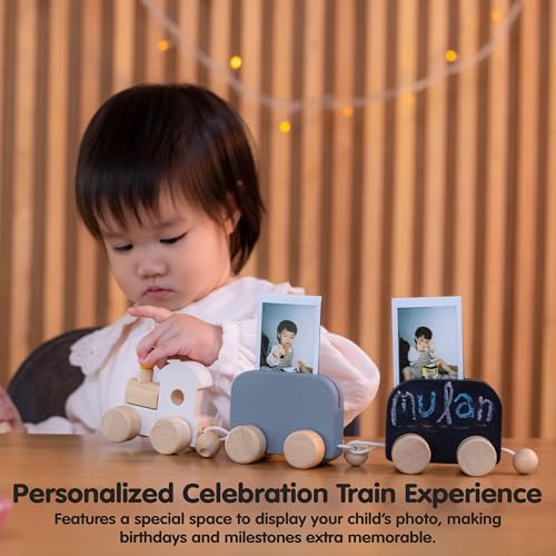 Image of PlanToys Celebration Wooden Train Set with Photo Slot & Chalkboard 3-Piece | customizable keepsake, pull along toy, rubberwood build, wooden train, kids, girls, boys, birthday gift idea preschool