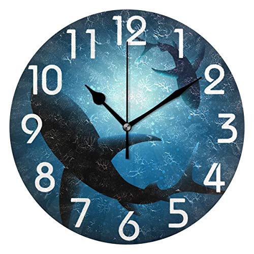 Large Arabic Digital Quartz Movement Clock-Two Sharks Swimming Foraging Under Water Round Wall