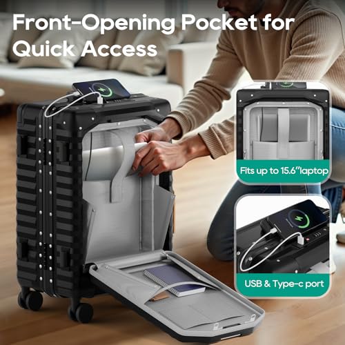 Image of Joyway 20 Inch Carry on Luggage with Aluminium Frame and Front Pocket, PC Hardshell Suitcase with USB Port and Cup Holder, 21.5x14.2x9 Airline Approved, Luggage with Spinner Wheels and TSA Lock(Black)