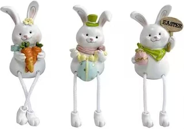 Bunny Shelf Sitters with Dangling Legs Rabbit Resin Figurines Indoor Tabletop Decorations for Easter Home Decor 3Pcs
