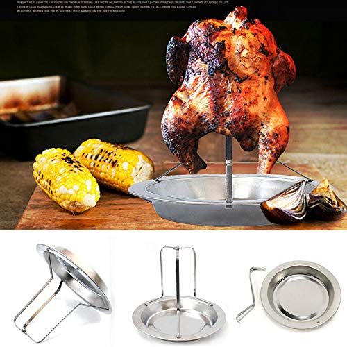 Fewear Beer Can Chicken Holder Chicken Grill Pan Stainless Steel Rack Stand Chicken Roasting Rack Pan Chicken Cooking Rack with Pan for Grill Oven BBQ (Silver)