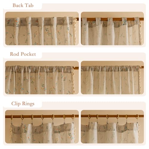 Image of MYSKY HOME Boho Floral Linen Curtains 96 Inches Long Vintage Farmhouse Bohemian Spring Patterned Semi Sheer Window Treatments with Tassel Back Tab Living Room Bedroom, Blue and Orange, W50, 2 Panels