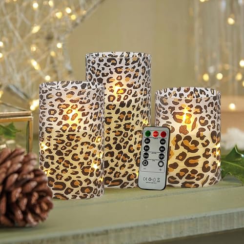 Image of Flickering Flameless Candles Leopard Print Embedded Star String Lights, Battery Operated Acrylic LED Pillar Candles with 11-Key Remote and Timer for Home Decoration, 3 Pack