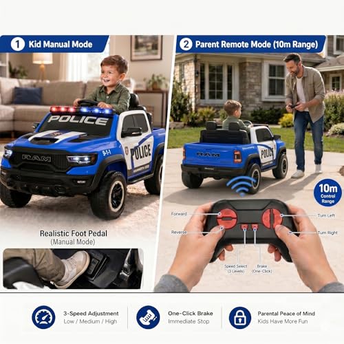 Image of 24V Licensed Dodge RAM Mammoth 1000 Ride On Police Car, 2-Seater Electric Ride On Truck with Remote Control, Power Wheels Toy Siren, Flashing Lights, Music, Bed Storage, Gift for Boys Girls, Blue