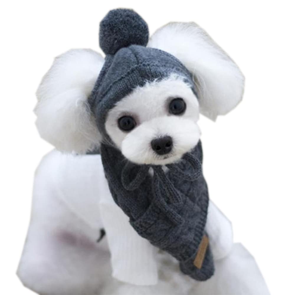 Pet Beanie Hat Collar Scarf Set, Knitted Warm Winter Wear for Dog and Cat (S, Dark Gray)