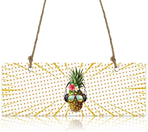 Printed Decorative Sign Tropical Pineapple with Glasses and Headphone on Wave Point Background Hanging Sign Wall Decor for Living Room Bedroom Bathroom,Home Decoration 3.9" x 11"
