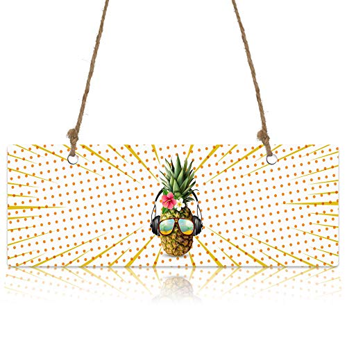 Printed Decorative Sign Tropical Pineapple With Glasses And Headphone On Wave Point Background Hanging Sign Wall Decor For Living Room Bedroom Bathroom,Home Decoration 3.9" X 11" #TOP15