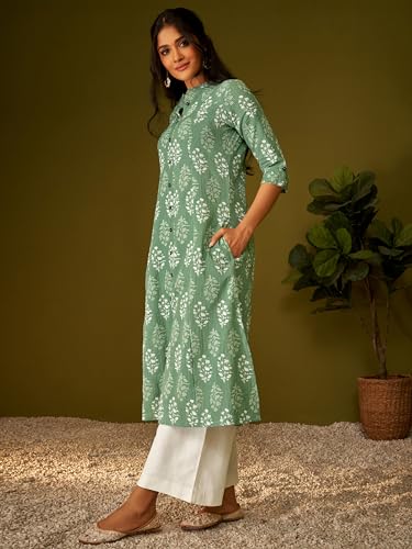 Image of DRESOUL Women's Cotton A-Line Calf Length 3 /4 Sleeve Ethnic Kurti
