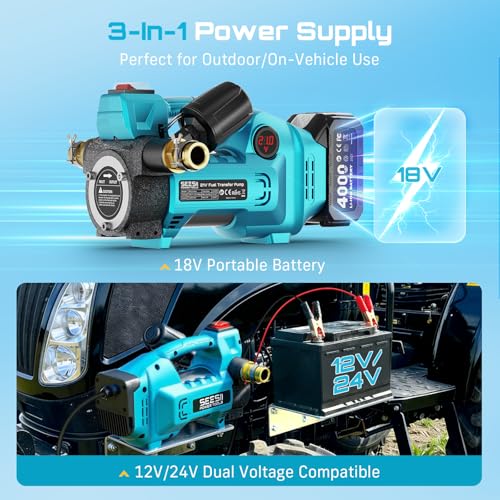 Image of SEESII Diesel Transfer Pump 3-Power: 12V /24V /18V Battery Powered Fuel Transfer Pump with Auto-Stop & 4.0Ah Battery,12 GPM Cordless Diesel Pump for Diesel Kerosene, for Farm Truck Boat