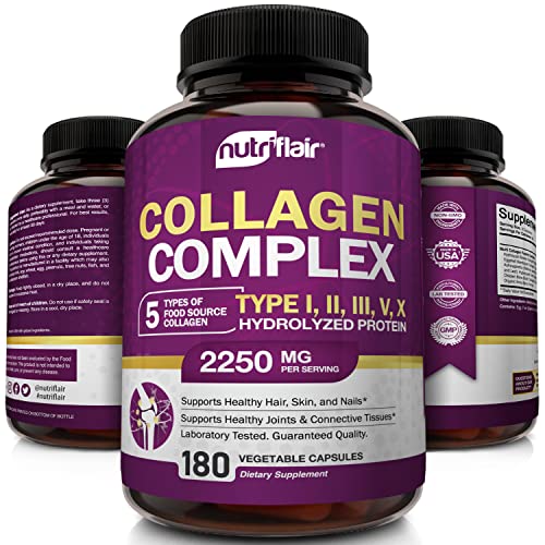 Nutriflair Multi Collagen Peptides Pills 2250Mg, 180 Capsules - Type I, Ii, Iii, V, X - Premium Collagen Complex - Hydrolyzed Protein, Healthy Hair, Skin, And Nails #TOP2