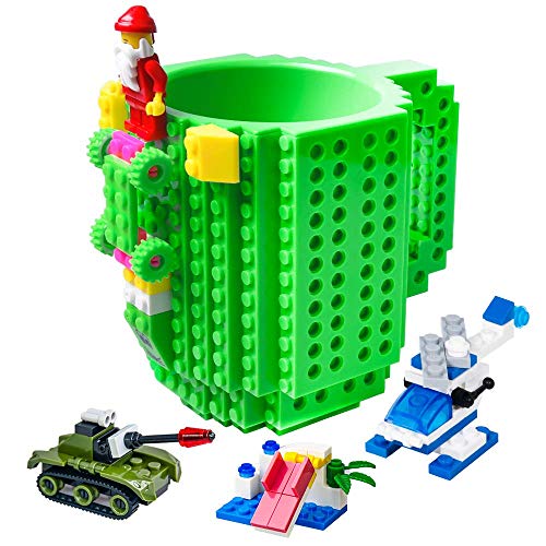 BOMENNE Build-on Brick Mug,Funny Novelty Coffee Mug, Creative DIY Building Blocks Cup,Birthday Party Cups for Kids,Unique Gifts for Christmas,Green