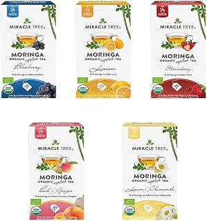 Miracle Tree - Organic Moringa Superfood Tea, 5 Pack Bundle, 5x25 Individually Sealed Tea Bags (Blueberry, Lemon, Strawber...