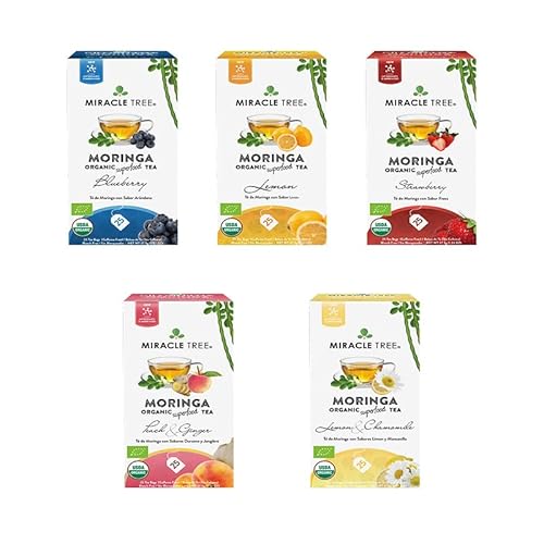 Miracle Tree - Organic Moringa Superfood Tea, 5 Pack Bundle, 5X25 Individually Sealed Tea Bags (Blueberry, Lemon, Strawberry, Peach & Ginger, Lemon & Chamomile) #TOP22