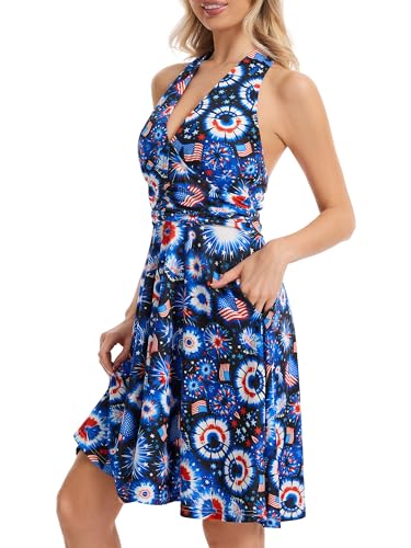 Image of Women's Festival Dress- Halter V Neck Sleeveless Ruffle Mini Dresses with Pocket