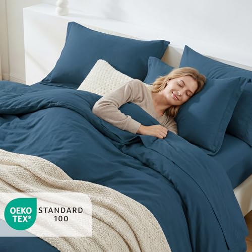 Image of Queen Comforter Set-7 Pieces Soft Prewashed Bed in a Bag Queen Bedding Sets | All Season Comforter with Sheets, Pillow Shams & Pillowcases,Blue