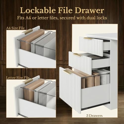 Image of 63 Inches L Shaped Standing Desk, Executive Standing Desk with Drawers and File Cabinet, AC /USB, 1.18 inch Desktop, Multi-Sized Storage Cubby, Privacy Panel, Fluted Computer Desk, White