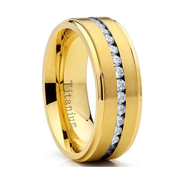 GoldTone Titanium Men's Eternity Wedding Band Ring with Cubic Zirconia CZ, Comfort Fit 8mm SZ 11