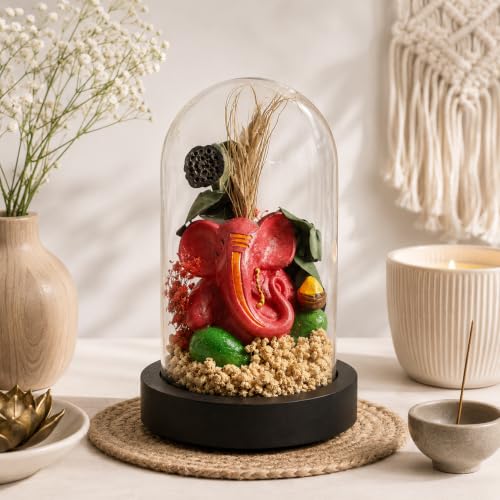 Image of eCraftIndia Lord Ganesha Statue in Glass Dome with Decorative Floral Arrangement, Spiritual Showpiece for Home Decor, Living Room, Office Desk, Temple Decoration & Gift Item