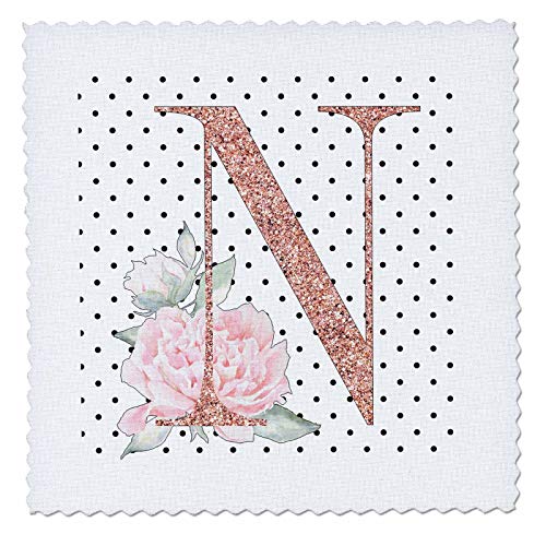 16x16 inch Quilt Square - Monogram Initial N Pink Rose Floral On Black and White Polka Dots Monograms