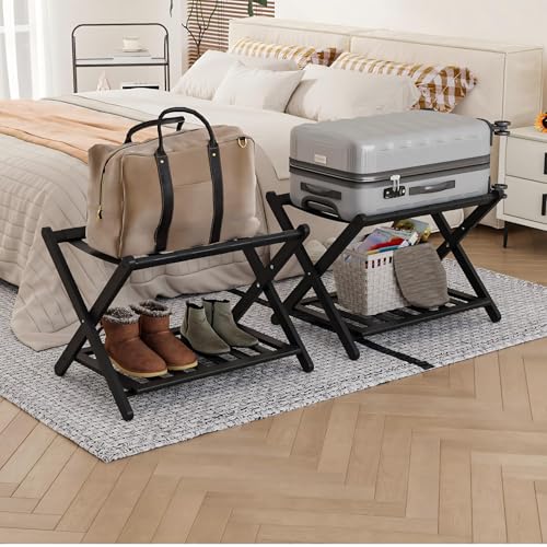 Smart FENDEE 2 Packs Fully Assembled Black Bamboo Luggage Racks with Shoe Shelf, 5 Straps Folding Suitcase Stand, Heavy Duty Luggage Holders for Guest Room, Bedroom, Hotel by Smart FENDEE - Used condition - US$90.08