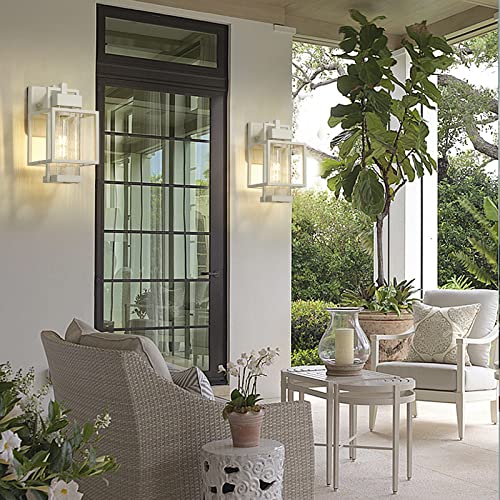 Dusk To Dawn Outdoor Light Fixture, White Exterior Wall Sconce Light Fixtures 2 Pack,Waterproof Farmhouse Porch Light Wall Lamp Outdoor Lighting Patio Wall Light Fixture For Garage,Clear Seeded Glass #TOP5