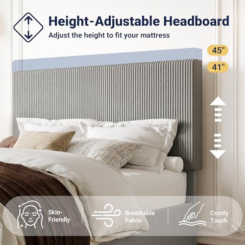 Image of Allewie Full Bed Frame, Adjustable Corduroy Headboard, Platform, Grey | Adjustable Headboard, Corduroy Fabric, Low Profile, Wooden Slats, 800 lb Capacity, No Box Spring Needed
