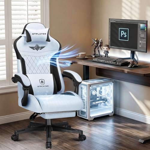 Image of GTPLAYER Gaming Chair with Footrest, Ergonomic Office Chair 400lbs Heavy Duty, Big and Tall Computer Desk Chair with Lumbar Support and Headrest, Breathable Plush Fabric, 90-155 Recline Light Blue