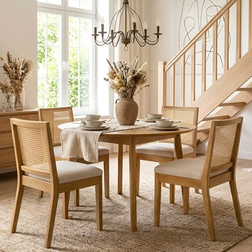 HNY Farmhouse Rattan Dining Chairs Set of 4, Mid Century Modern Kitchen & Dining Room Chairs, Cane Upholstered Kitchen Side Chair with Natural Hardwood Frame, Beige