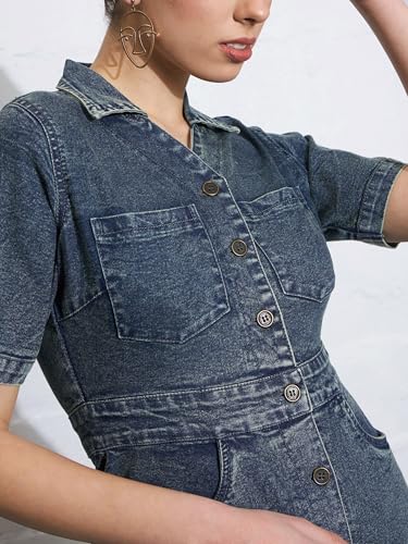 Image of Sassafras Women's Mini Short Sleeves Blast Denim Front Button - Casual Streetwear Denim Dress