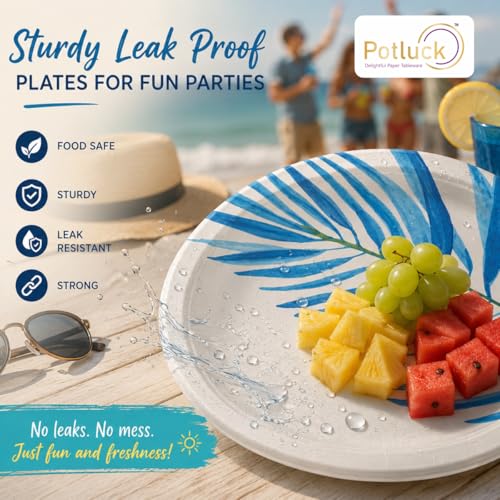 Image of Potluck Blue Leaf Disposable Paper Plates | Pack of 10 Plates | 9 Inch Food Safe, Sturdy, Leak Free Plates for Parties, Events, Birthdays, Festive Celebrations |Snacks & Meal Serving Pack