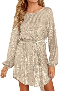 Auxo Women Long Sleeve Sequin Glitter Tie Waist Party Mini Dress Sexy Cocktail Wedding Night Out Club Short Dress Gold Small