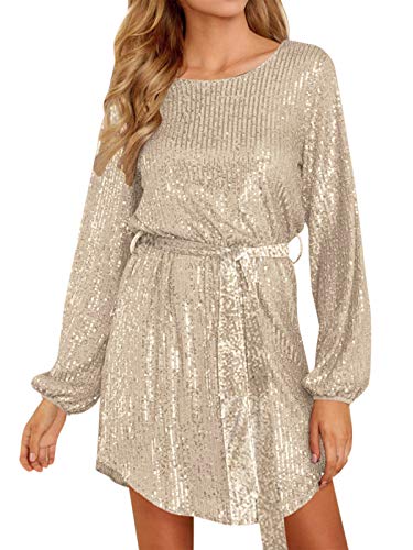 Auxo Women Long Sleeve Sequin Glitter Tie Waist Party Mini Dress Sexy Cocktail Wedding Night Out Club Short Dress Gold XX-Large