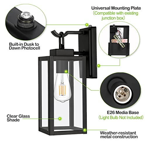 Hykolity Outdoor Wall Lantern, Dusk To Dawn Exterior Wall Light, Matte Black Anti-Rust Wall Sconce Lighting Fixture, Wall Mount Light With Clear Glass Shade, Etl Listed For Porch Entryway, Front Door #TOP2
