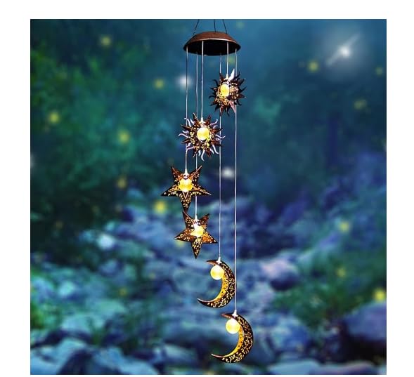 Solar Wind Chimes for Outside with Sun Moon Star Solar Hanging Lights Hanging Decor Outdoor Sympathy Wind Chimes for Garden Patio Balcony Birthday Womens Gifts