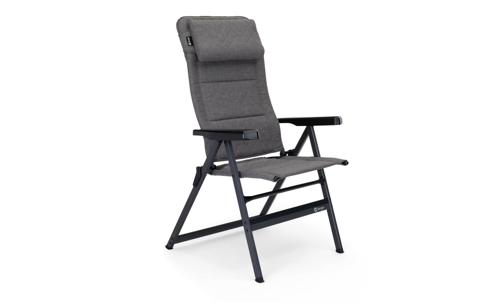 BERGER Dakar Campingstuhl klappbar | Gartenstuhl Hochlehner 7-Fach verstellbar mit Armlehnen und gepolsterter DDY-Bezug & Kopfpolster | Camping Klappstuhl belastbar bis 120 kg | Anthrazit