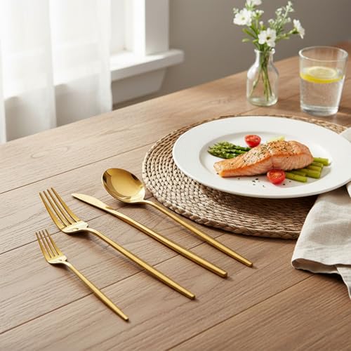 Image of Slim Handle Gold 15 Pcs Stainless Steel Cutlery Set for Dining Table, Dishwasher Safe Glossy Flatware (3 Spoon Set+3 Forks Set+3 Butter Knife+3 Dessert Spoon+ 3 Fruit Fork)