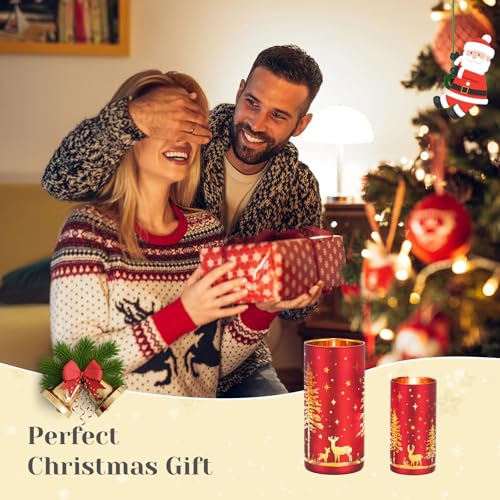Hewory クリスマスハリケーンキャンドルホルダー:レッドゴールドトナカイクリスマスデコレーション2個セット、テーブルセンターピース、マントルピースウィンドウ、キッチン、リビングルーム用ガラスキャンドルホルダー [5]