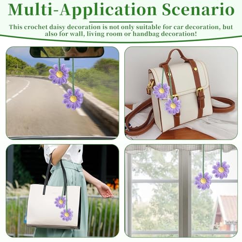 2 PCS Crochet Daisy Car Accessories for Women, Car Rearview Mirror Hanging Accessories, Handmade Cute Cars Accessory for Women Aesthetic, Crochet Flowers Purple Cars Decor (Purple)