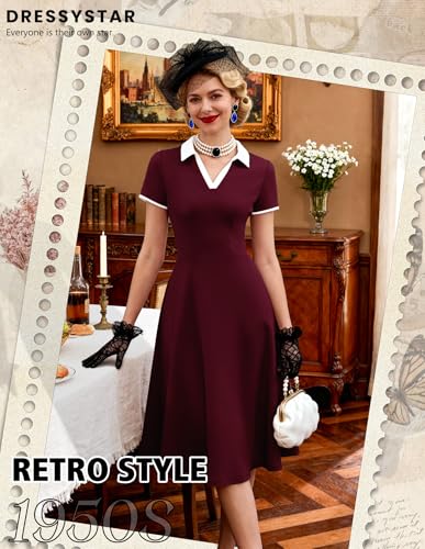 Image of Dressystar Women's 1950s Vintage Swing Dress Short Sleeve V Neck A Line Retro Rockabilly Cocktail Party Dresses With Pockets