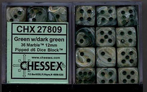 Chessex Dice d6 Sets: Marble Green Swirl with Dark Green Pips - 12mm Six Sided Die (36) Block of Dice