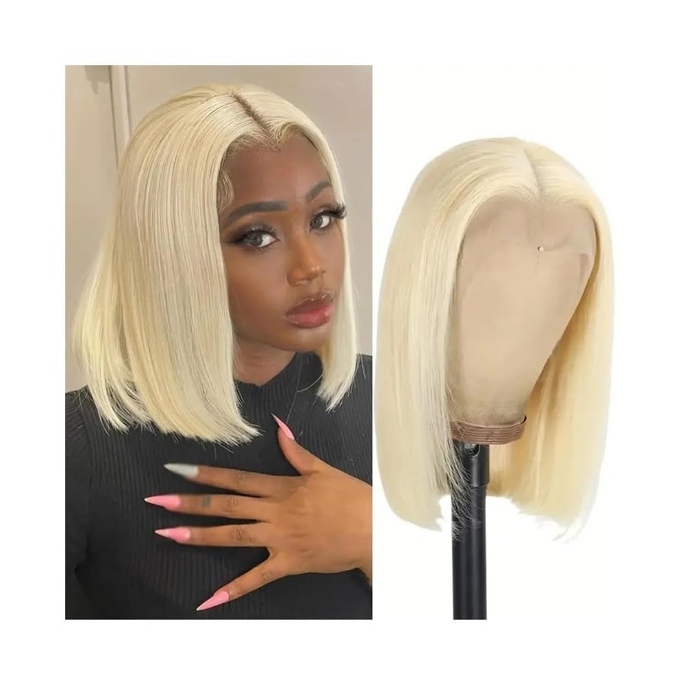 Haaraufsätze Peluca de Cabello Humano Rubio Hueso Liso con Parte en T y Encaje Frontal Transparente(10inches)