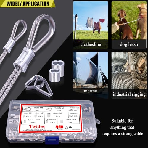 Twidec/240PCS 304 Stainless Steel Wire Rope Cable Thimbles and Aluminum Crimping Loop Sleeve 3/64''-5/32" for Wire Rope Cable Thimbles Rigging Assortment Kit N-023-240PCS