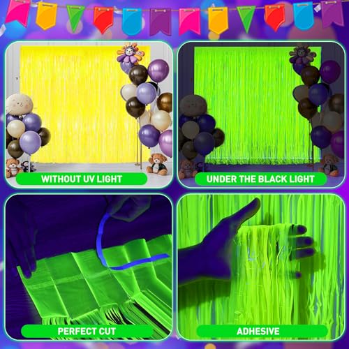 Image of 2 Pack Glow in The Dark Party Curtains, Neon Party Decorations 6.6 x 6.6 ft Fluorescent Macaron Yellow Tinsel Foil Fringe Curtains, Photo Booth Prop Backdrop Streamers, Birthday Halloween Party Decor