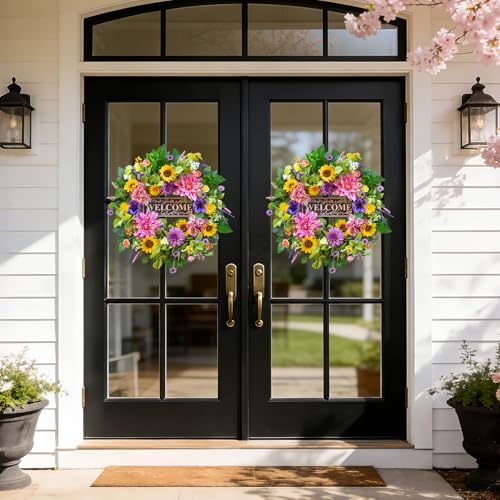 Image of Spring and Summer Wreaths for Front Door 24 Inch Summer Wreath with Lifelike Sunflower,Pink and Purple Dahlia Spring Door Wreath with Welcome Sign,Outdoor Decor