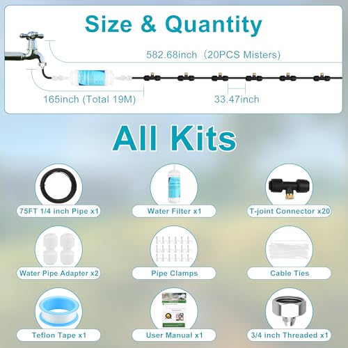 Misters for Outside Patio with Water Filter, Coldairsoap 62ft(19M) Outdoor Misting System Line Includes 20 Brass Nozzles, 3/4\" Adapter for Cooling Patio, Garden, Greenhouse, BBQ, Pool - Thumbnail 2