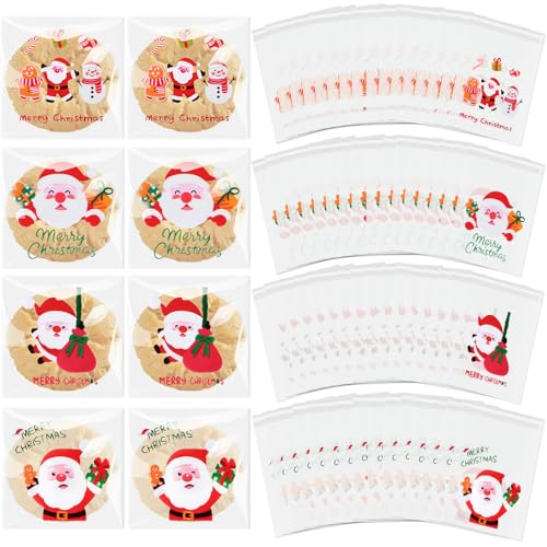 100 Pezzi Sacchetti Regalo Natale, Sacchetti per dolci in cellophane autoadesivi per Feste Stoccaggio Biscotti Caramelle Cioccolato，per bomboniere di Natale (XmasB)